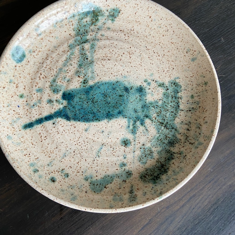 Handmade Ceramic Decorative Plate in Teal and Speckled Cream